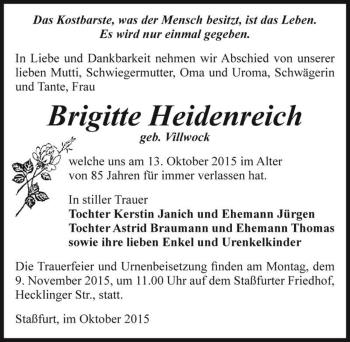 Traueranzeige von Brigitte Heidenreich (geb. Villwock)  von Magdeburger Volksstimme