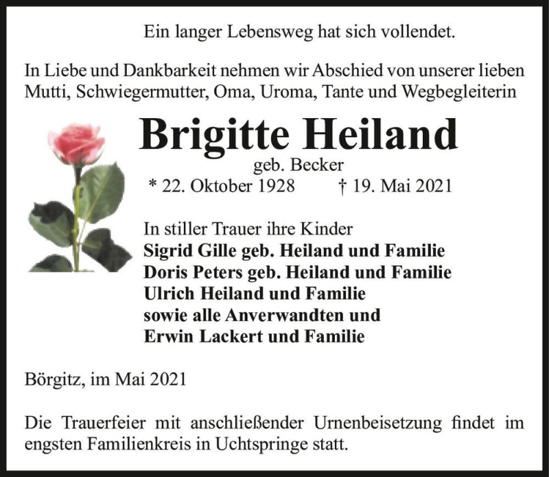  Traueranzeige für Brigitte Heiland (geb. Becker)  vom 29.05.2021 aus Magdeburger Volksstimme