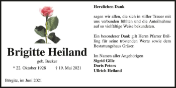 Traueranzeige von Brigitte Heiland (geb. Becker)  von Magdeburger Volksstimme