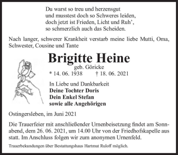 Traueranzeige von Brigitte Heine (geb. Göricke)  von Magdeburger Volksstimme