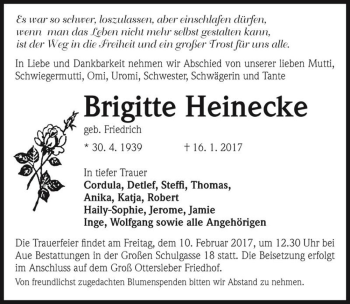 Traueranzeige von Brigitte Heinecke (geb. Friedrich)  von Magdeburger Volksstimme
