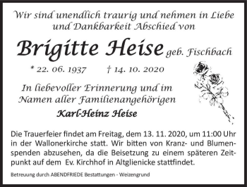 Traueranzeige von Brigitte Heise (geb. Fischbach)  von Magdeburger Volksstimme