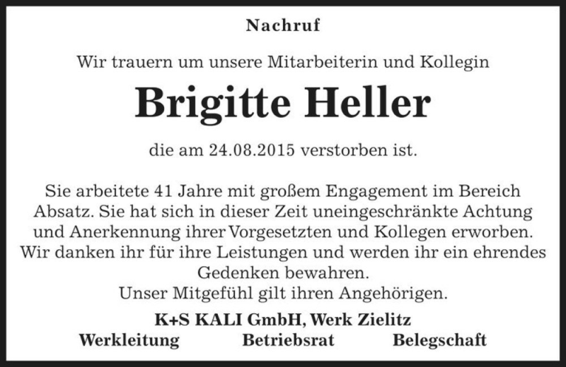  Traueranzeige für Brigitte Heller  vom 03.09.2015 aus Magdeburger Volksstimme