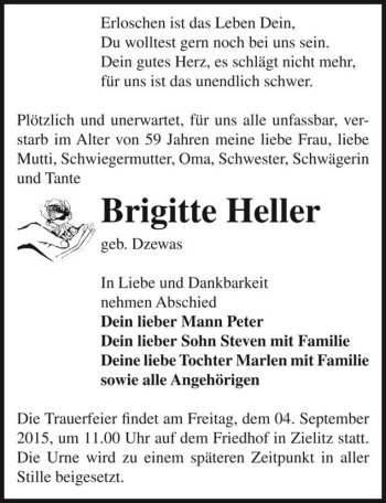 Traueranzeige von Brigitte Heller (geb. Dzewas)  von Magdeburger Volksstimme