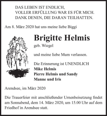 Traueranzeige von Brigitte Helmis (geb. Wiegel)  von Magdeburger Volksstimme