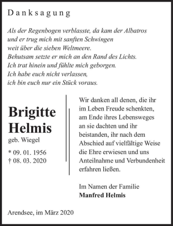 Traueranzeige von Brigitte Helmis (geb. Wiegel)  von Magdeburger Volksstimme