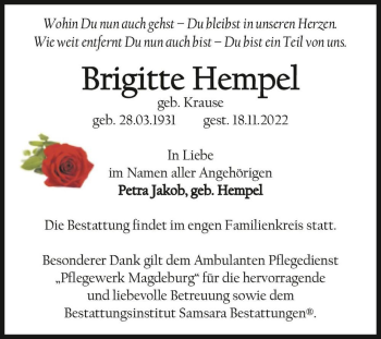 Traueranzeige von Brigitte Hempel (geb. Krause)  von Magdeburger Volksstimme