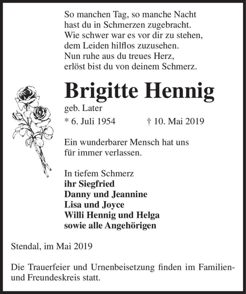 Traueranzeigen von Brigitte Hennig (geb. Later) www.abschiednehmen.de
