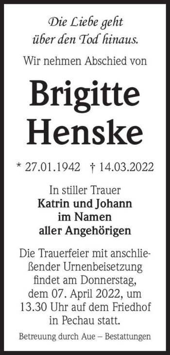 Traueranzeige von Brigitte Henske  von Magdeburger Volksstimme