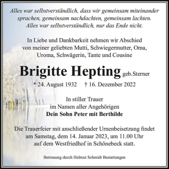 Traueranzeige von Brigitte Hepting (geb. Sterner)  von Magdeburger Volksstimme
