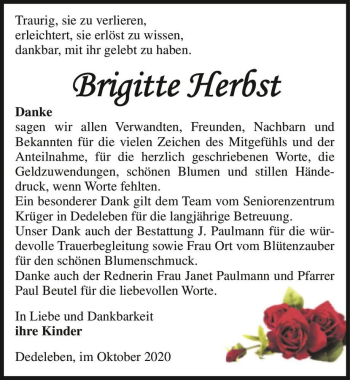 Traueranzeige von Brigitte Herbst  von Magdeburger Volksstimme
