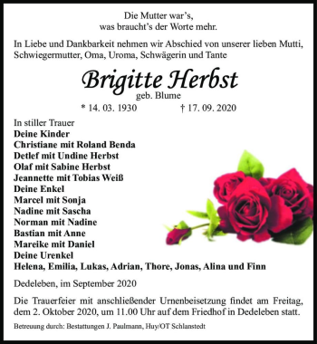Traueranzeige von Brigitte Herbst (geb. Blume)  von Magdeburger Volksstimme