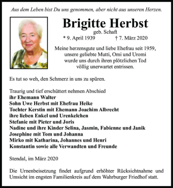 Traueranzeige von Brigitte Herbst (geb. Schaft)  von Magdeburger Volksstimme