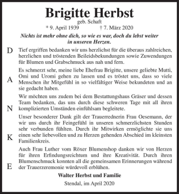 Traueranzeige von Brigitte Herbst (geb. Schaft)  von Magdeburger Volksstimme