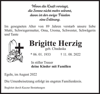 Traueranzeige von Brigitte Herzig (geb. Chudaska)  von Magdeburger Volksstimme