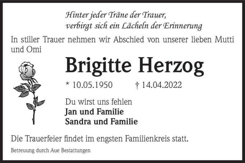  Traueranzeige für Brigitte Herzog  vom 23.04.2022 aus Magdeburger Volksstimme