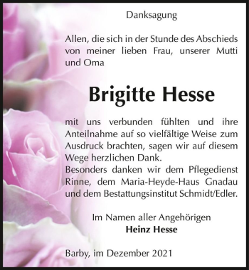 Traueranzeige von Brigitte Hesse  von Magdeburger Volksstimme