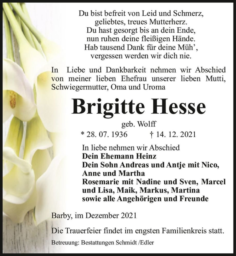  Traueranzeige für Brigitte Hesse (geb. Wolff)  vom 18.12.2021 aus Magdeburger Volksstimme