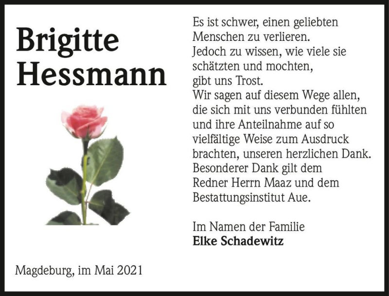  Traueranzeige für Brigitte Hessmann  vom 15.05.2021 aus Magdeburger Volksstimme