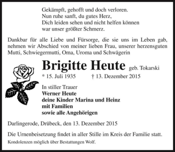 Traueranzeige von Brigitte Heute (geb. Tokarski)  von Magdeburger Volksstimme