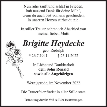 Traueranzeige von Brigitte Heydecke (geb. Rudolph)  von Magdeburger Volksstimme