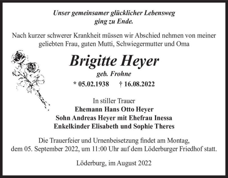  Traueranzeige für Brigitte Heyer (geb. Frohne)  vom 20.08.2022 aus Magdeburger Volksstimme