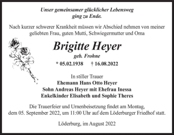Traueranzeige von Brigitte Heyer (geb. Frohne)  von Magdeburger Volksstimme