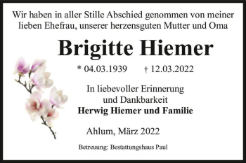 Traueranzeige von Brigitte Hiemer  von Magdeburger Volksstimme