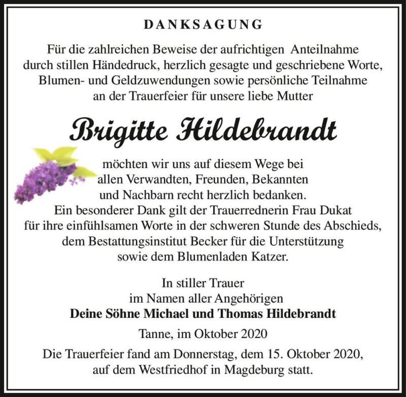  Traueranzeige für Brigitte Hildebrandt  vom 24.10.2020 aus Magdeburger Volksstimme