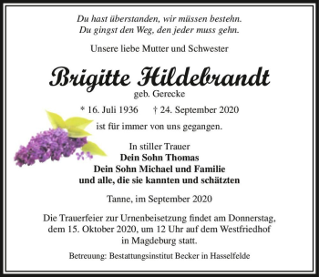Traueranzeige von Brigitte Hildebrandt (geb. Gerecke)  von Magdeburger Volksstimme