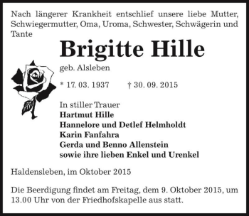 Traueranzeige von Brigitte Hille (geb. Alsleben)  von Magdeburger Volksstimme