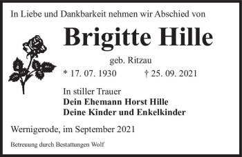 Traueranzeige von Brigitte Hille (geb. Ritzau)  von Magdeburger Volksstimme