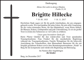 Traueranzeige von Brigitte Hillecke  von Magdeburger Volksstimme