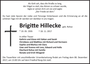 Traueranzeige von Brigitte Hillecke (geb. Rohse)  von Magdeburger Volksstimme