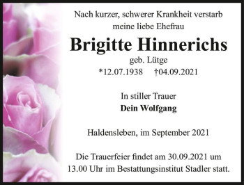 Traueranzeige von Brigitte Hinnerichs (geb. Lütge)  von Magdeburger Volksstimme