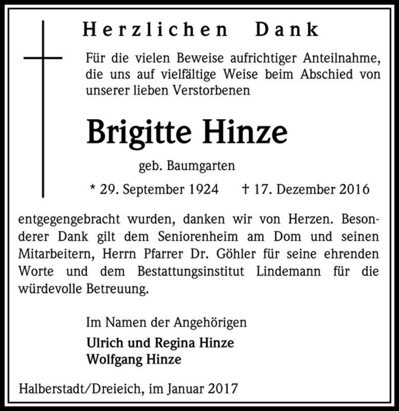  Traueranzeige für Brigitte Hinze (geb. Baumgarten)  vom 21.01.2017 aus Magdeburger Volksstimme