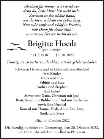 Traueranzeige von Brigitte Hoedt (geb. Hampel)  von Magdeburger Volksstimme
