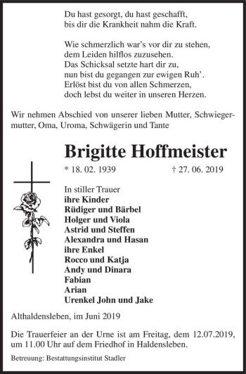 Traueranzeige von Brigitte Hoffmeister  von Magdeburger Volksstimme