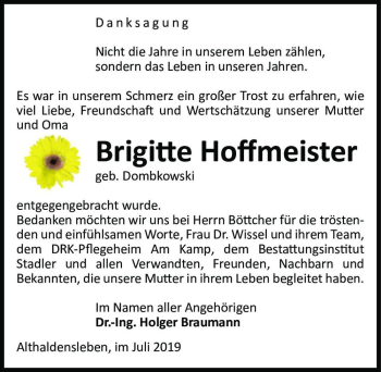 Traueranzeige von Brigitte Hoffmeister (geb. Dombkowski)  von Magdeburger Volksstimme