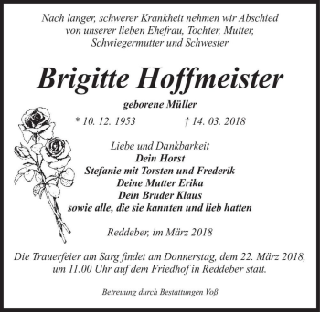 Traueranzeige von Brigitte Hoffmeister (geb. Müller)  von Magdeburger Volksstimme
