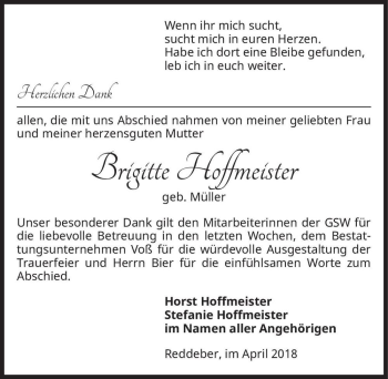 Traueranzeige von Brigitte Hoffmeister (geb. Müller)  von Magdeburger Volksstimme