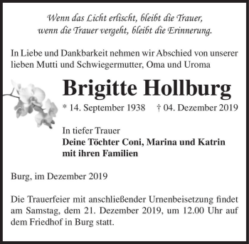 Traueranzeige von Brigitte Hollburg  von Magdeburger Volksstimme