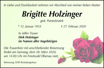 Traueranzeige von Brigitte Holzinger (geb. Poniedzialek)  von Magdeburger Volksstimme