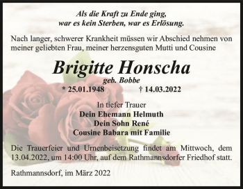 Traueranzeige von Brigitte Honscha (geb. Bobbe)  von Magdeburger Volksstimme