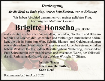 Traueranzeige von Brigitte Honscha (geb. Bobbe)  von Magdeburger Volksstimme