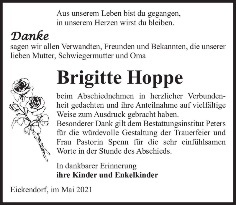  Traueranzeige für Brigitte Hoppe  vom 04.05.2021 aus Magdeburger Volksstimme