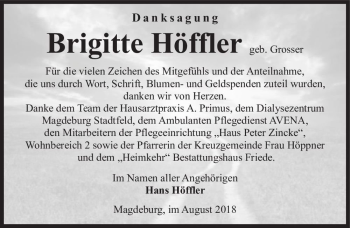 Traueranzeige von Brigitte Höffler (geb. Grosser)  von Magdeburger Volksstimme