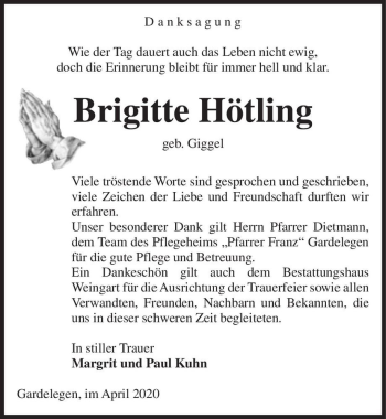 Traueranzeige von Brigitte Hötling (geb. Giggel)  von Magdeburger Volksstimme