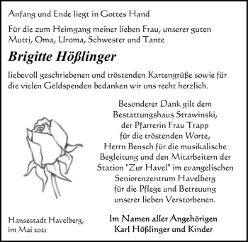 Traueranzeige von Brigitte Hößlinger  von Magdeburger Volksstimme