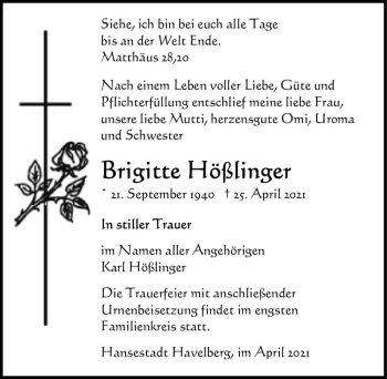 Traueranzeige von Brigitte Hößlinger  von Magdeburger Volksstimme